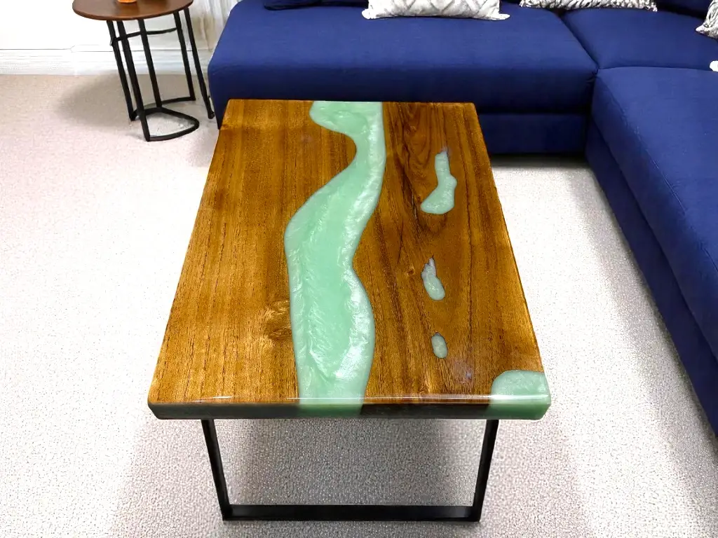 Green Epoxy Rectangular Table Wood with a Polished, Glossy Finish
